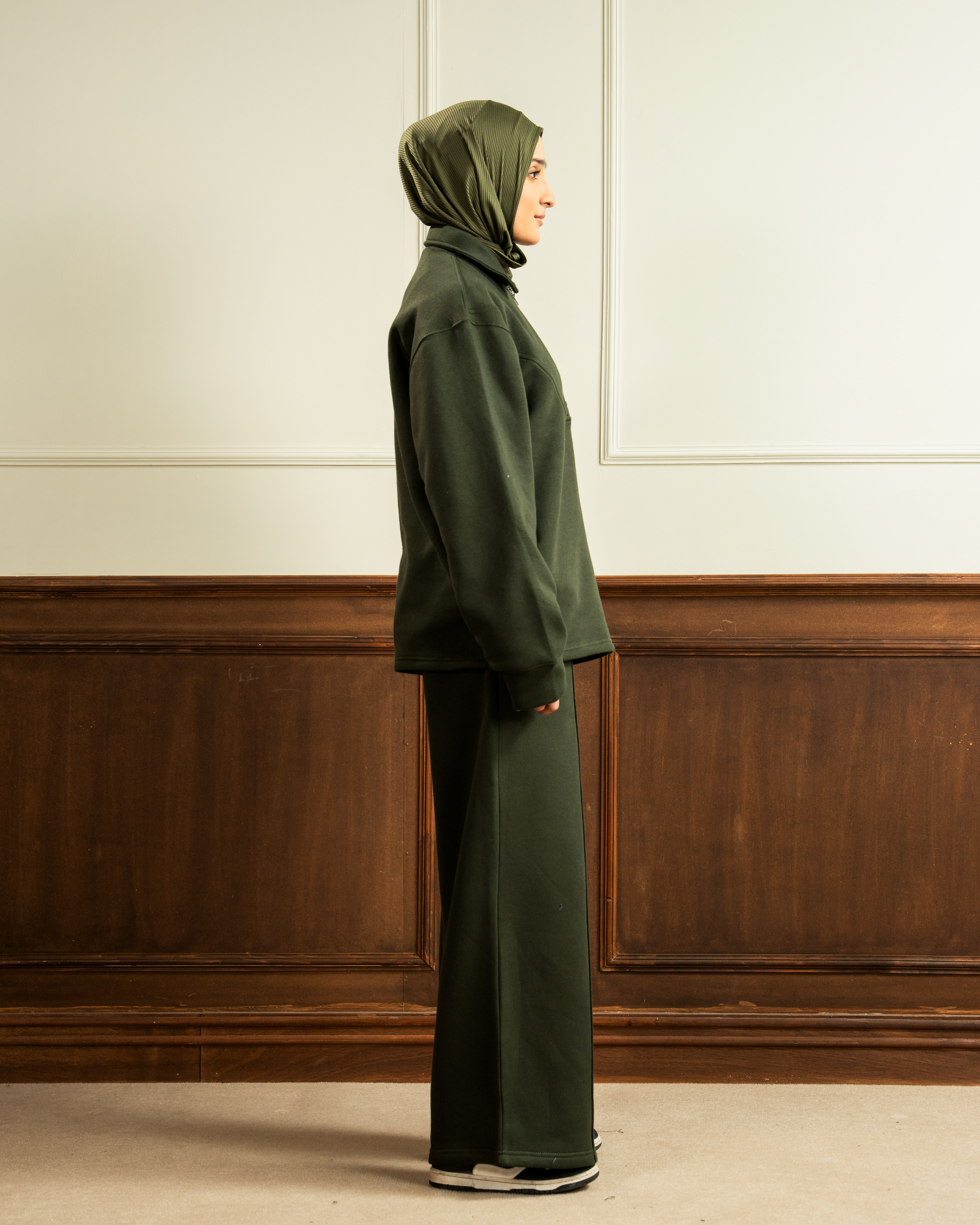 Quarter Zip | Wide Pleated Trouser | Dark Olive Green Co Ord