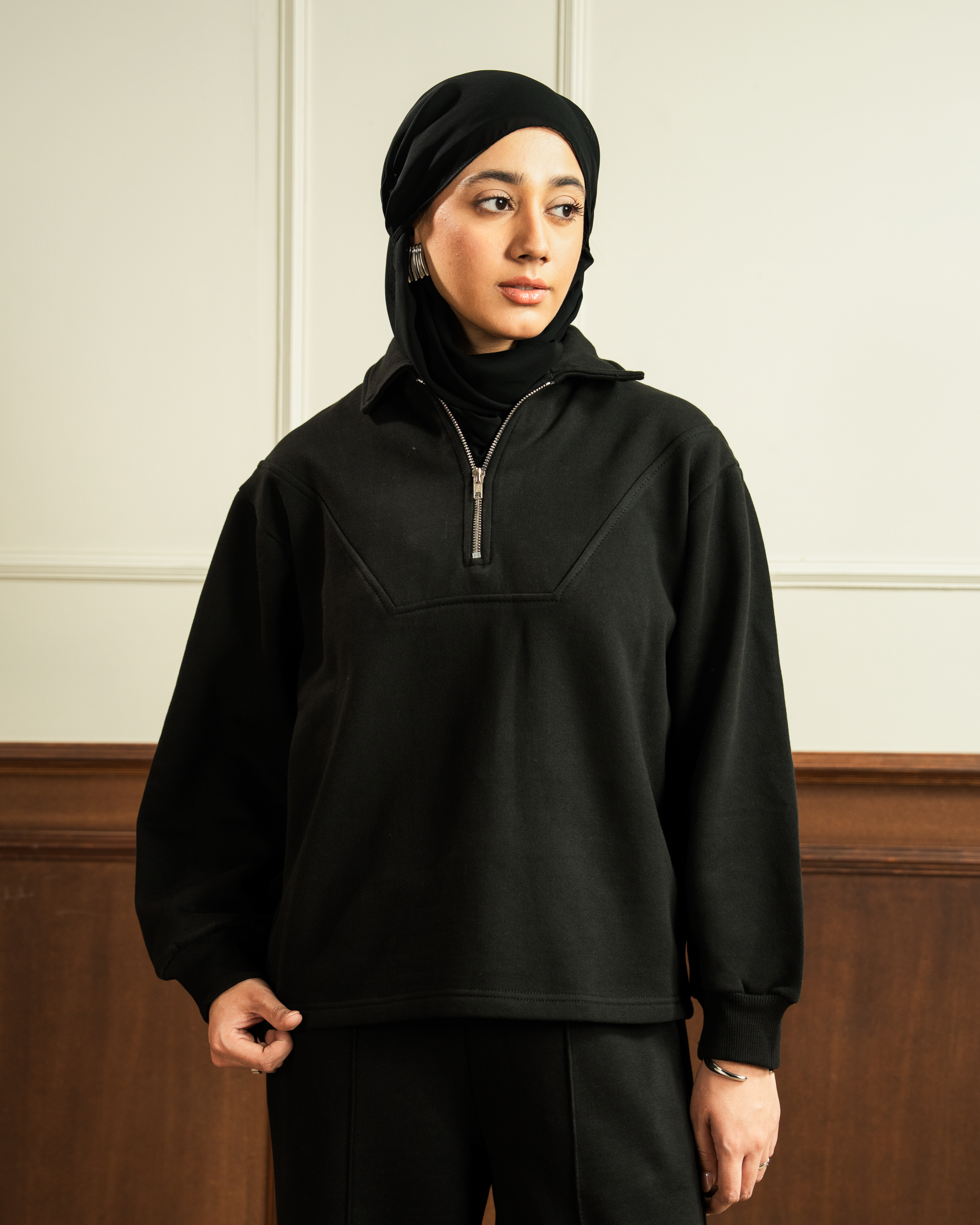 Quarter Zip | Wide Pleated Trouser | Black Co Ord