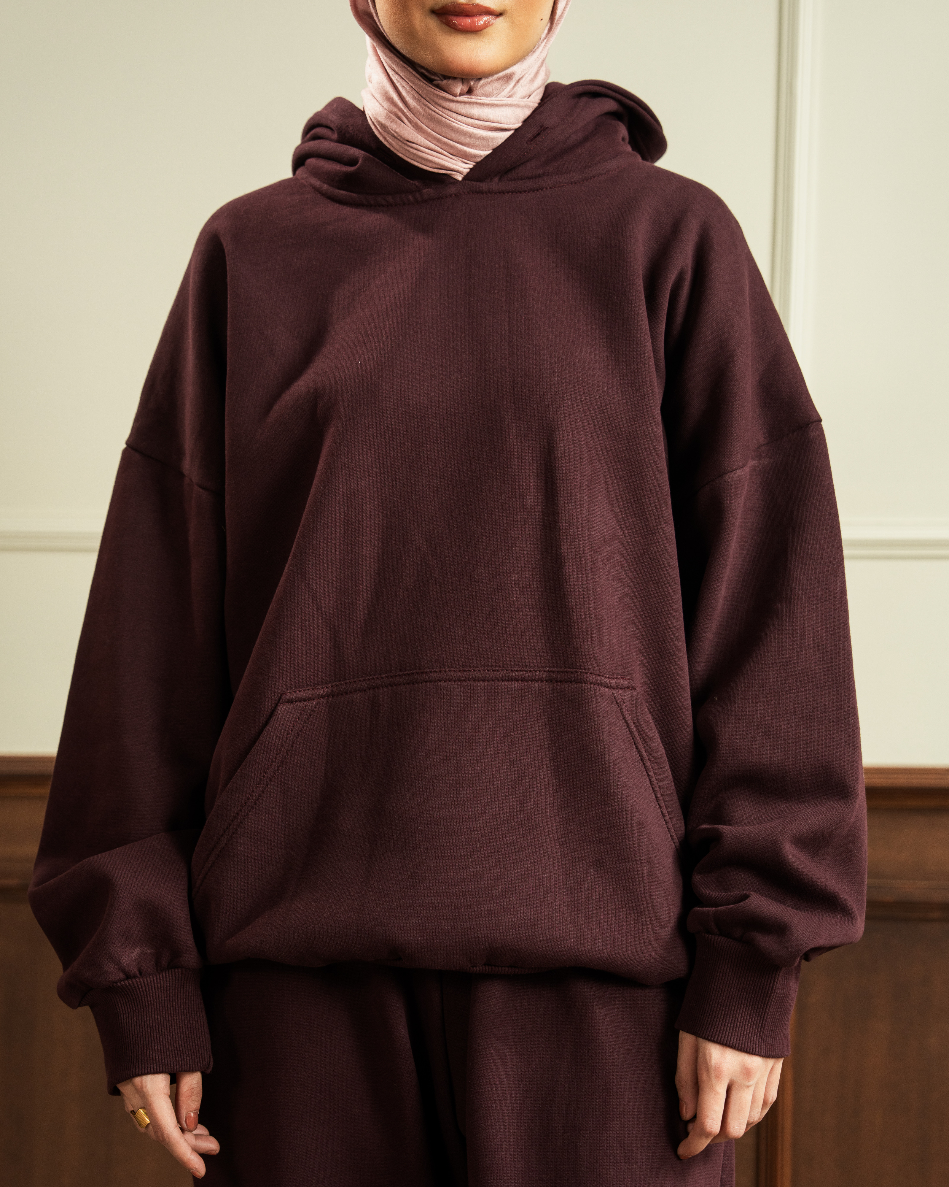 Oversized Hoodie | Straight Slit Trouser | Maroon Co Ord