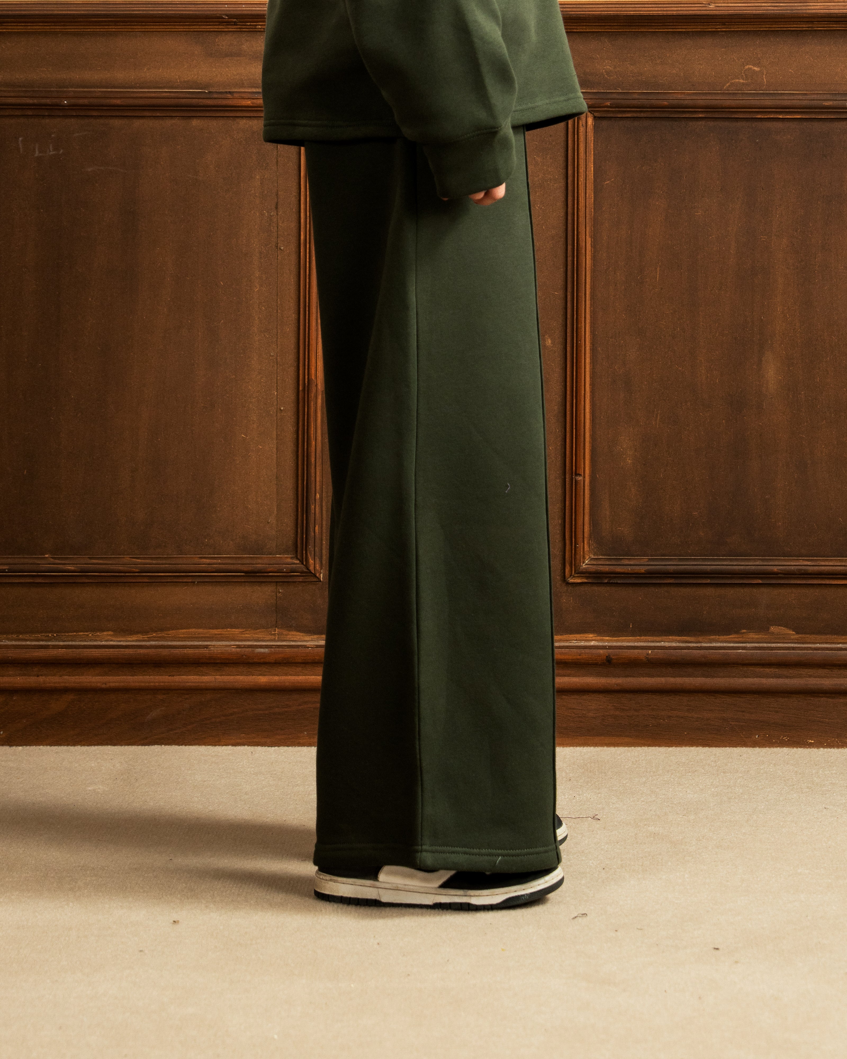 Sweatshirt | Wide Pleated Trouser | Dark Olive Green Co Ord