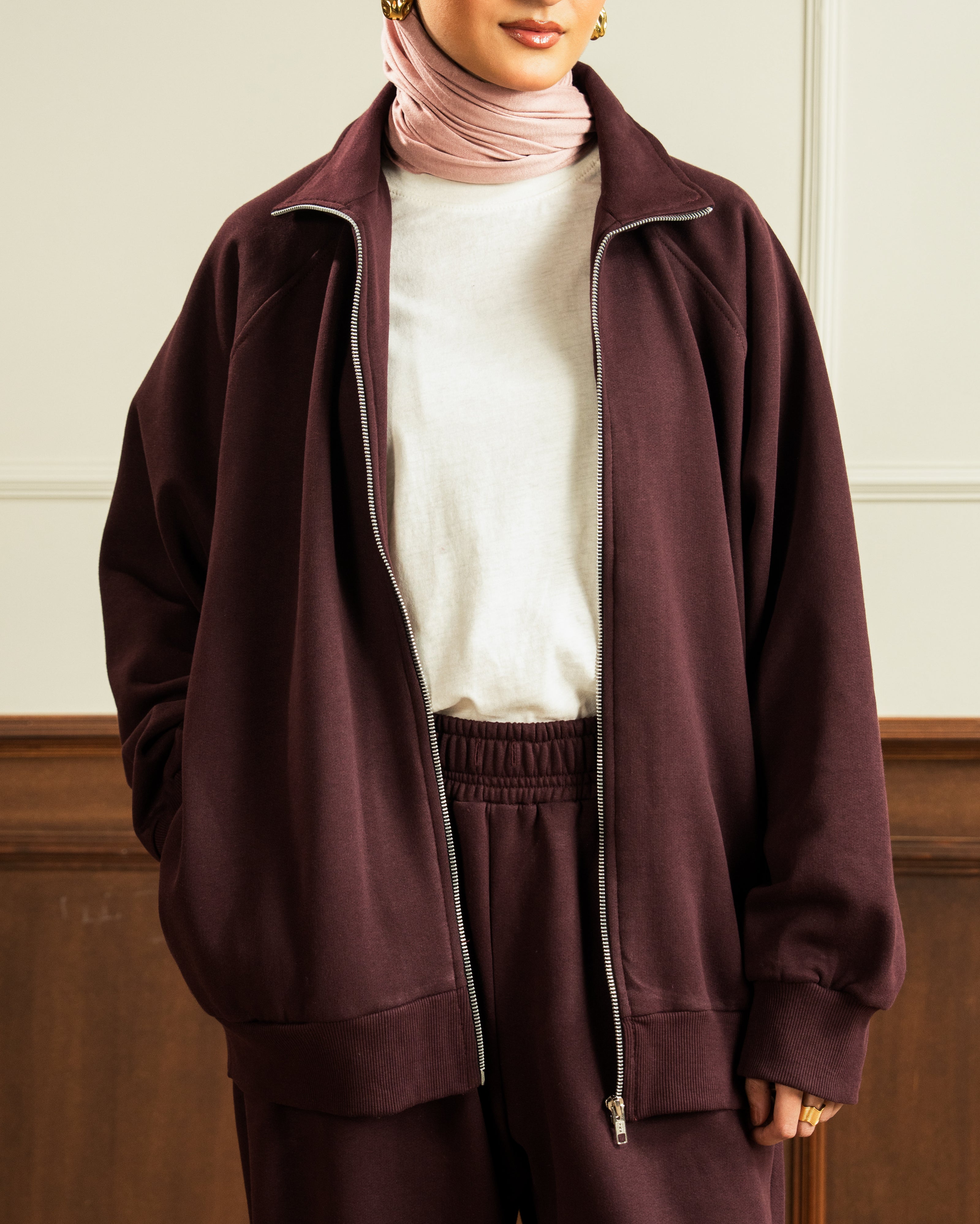 Bomber Jacket | Straight Slit Trouser | Maroon Co Ord