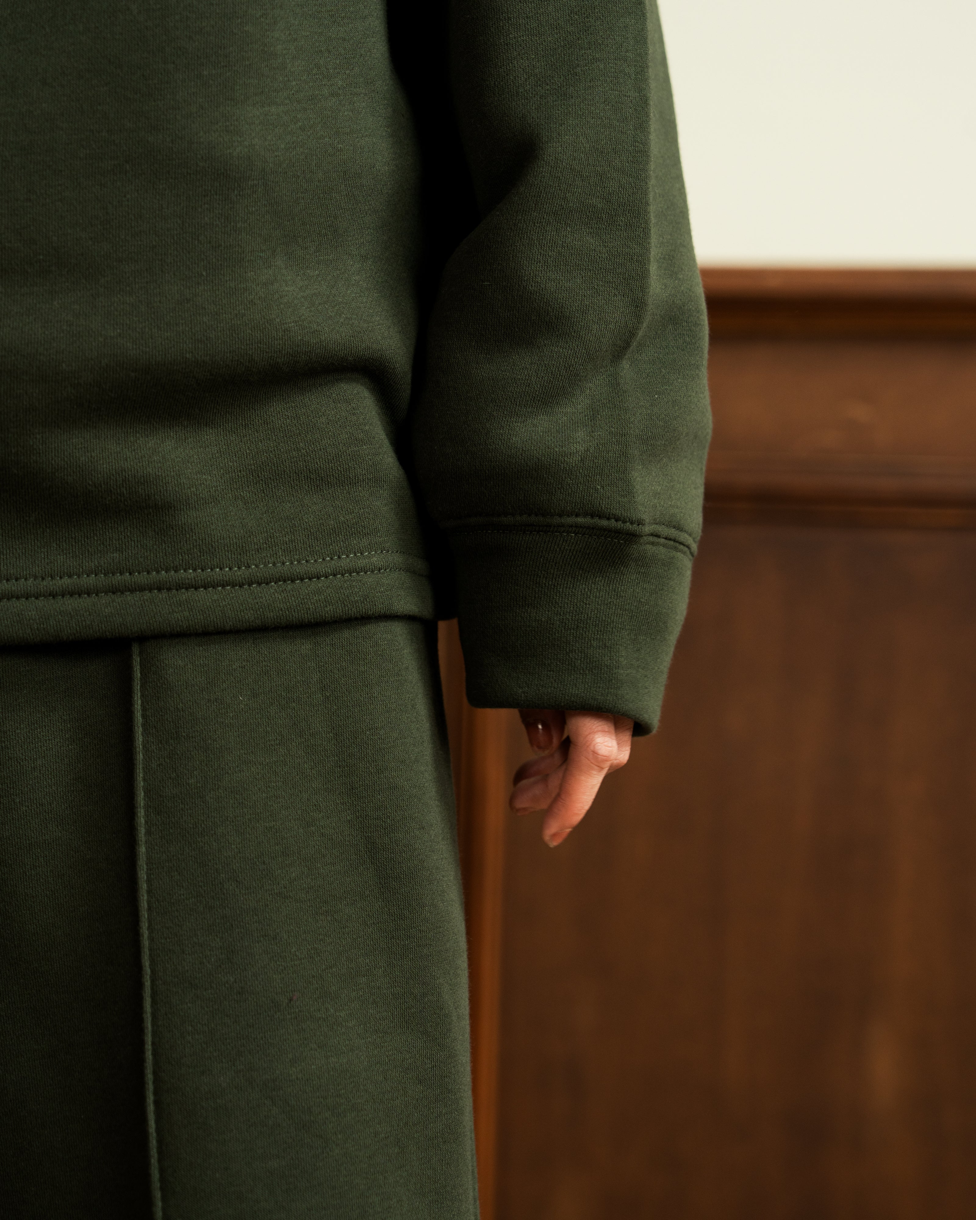 Quarter Zip | Wide Pleated Trouser | Dark Olive Green Co Ord