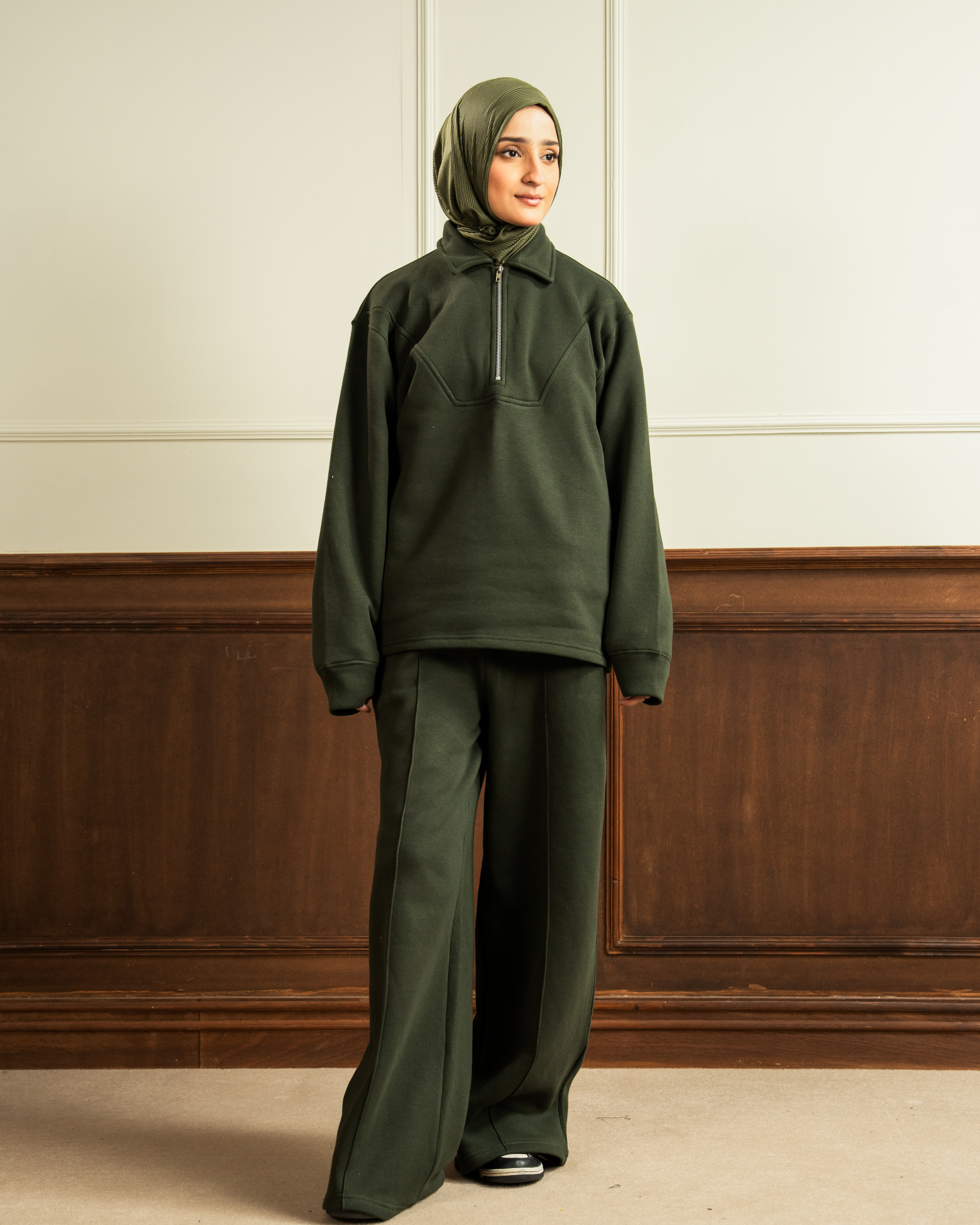 Quarter Zip | Wide Pleated Trouser | Dark Olive Green Co Ord