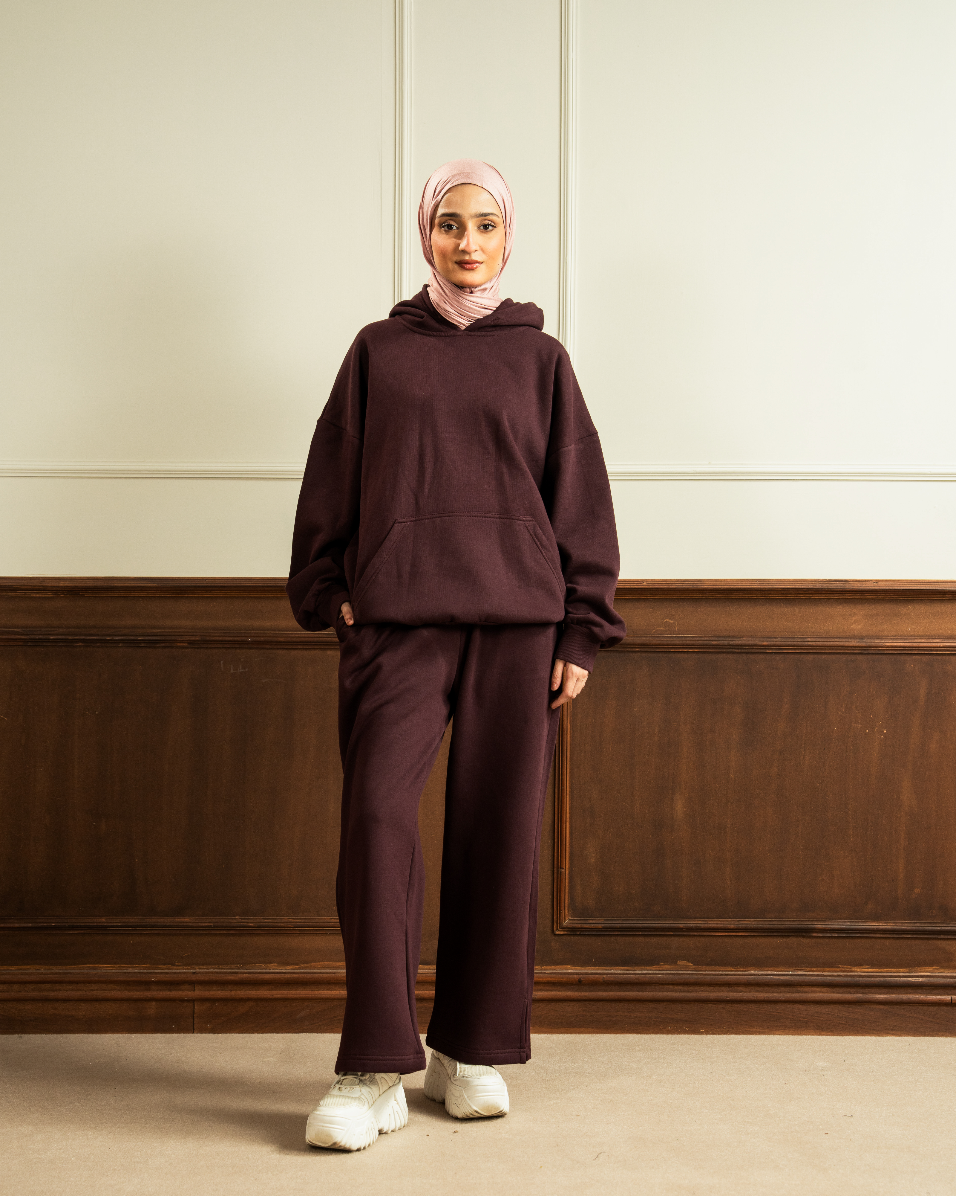 Oversized Hoodie | Straight Slit Trouser | Maroon Co Ord
