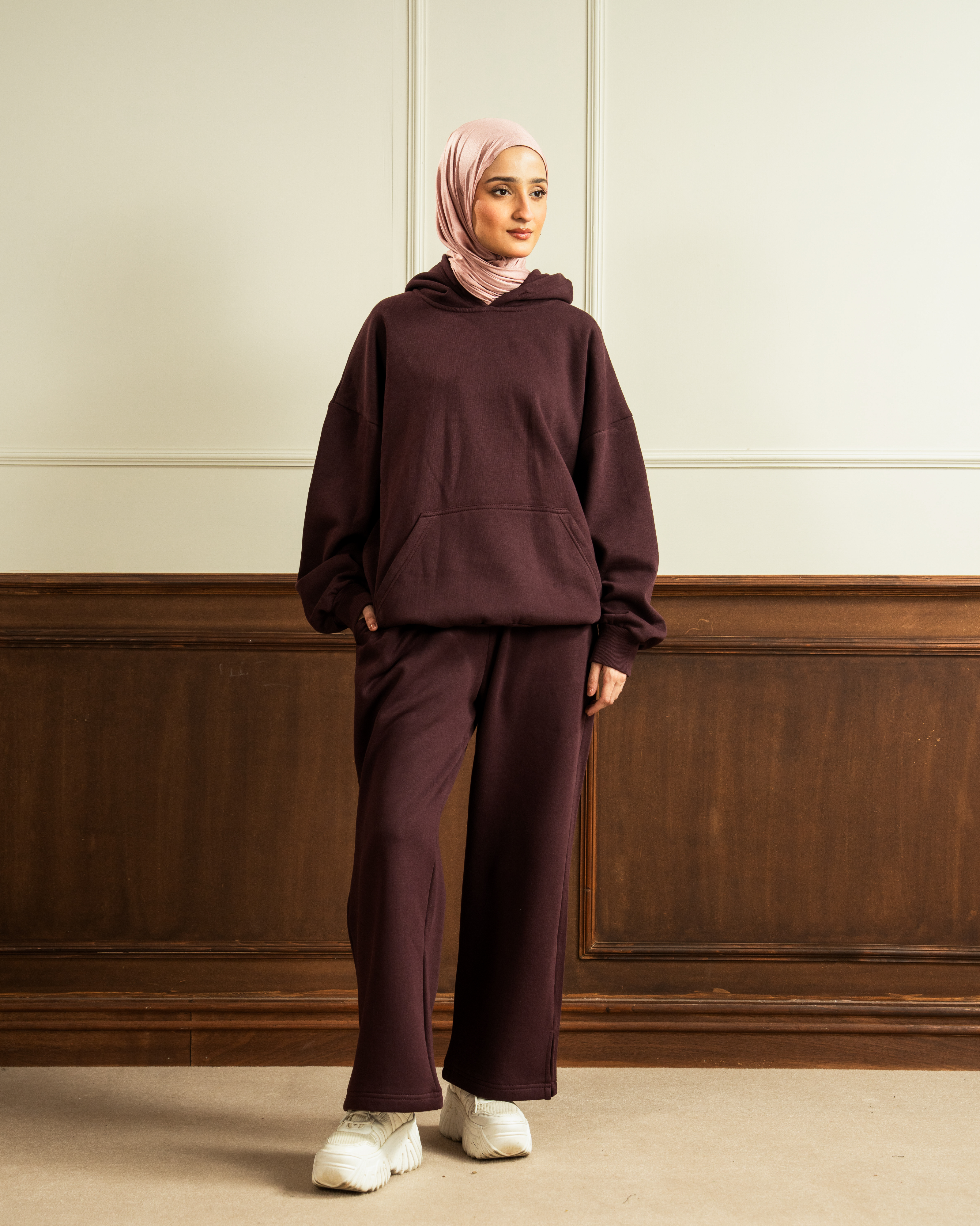 Oversized Hoodie | Straight Slit Trouser | Maroon Co Ord