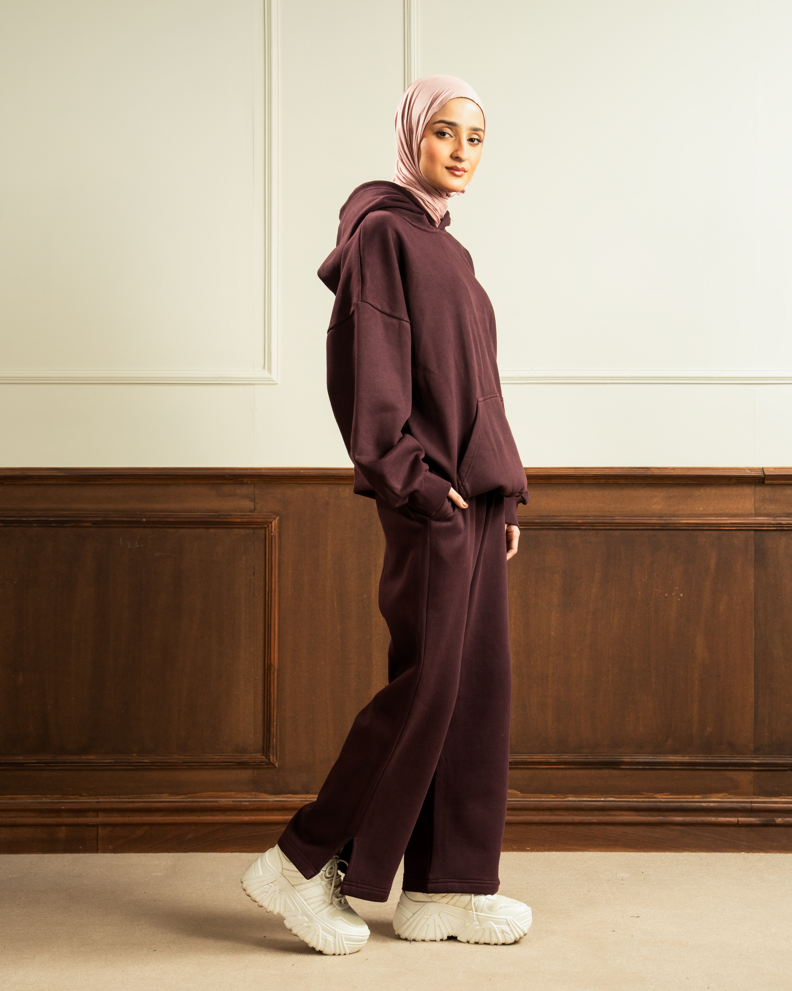 Oversized Hoodie | Straight Slit Trouser | Maroon Co Ord